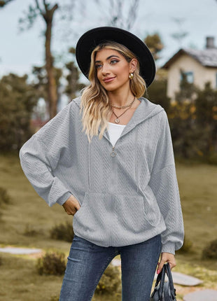 Zip Up Drawstring Long Sleeve Hooded Jacket - MimiStylez