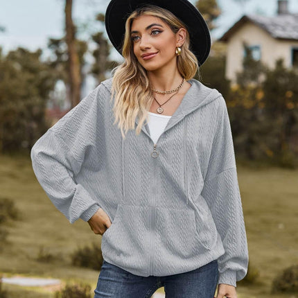 Zip Up Drawstring Long Sleeve Hooded Jacket - MimiStylez