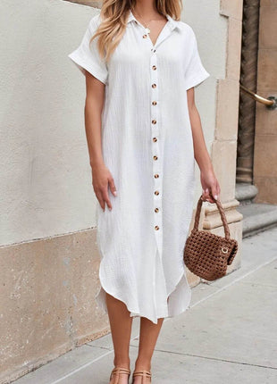 Button Down Short Sleeve Midi Shirt Dress - MimiStylez