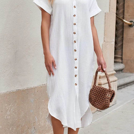 Button Down Short Sleeve Midi Shirt Dress - MimiStylez