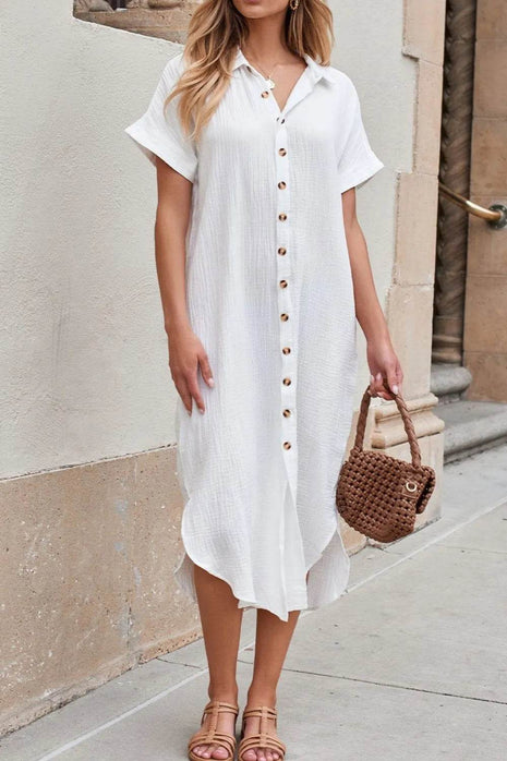 Button Down Short Sleeve Midi Shirt Dress - MimiStylez