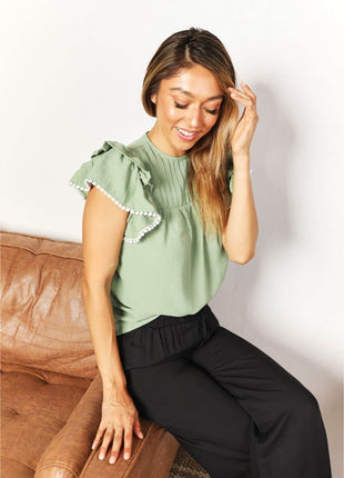 Pleated Detail Flutter Sleeve Blouse - MimiStylez