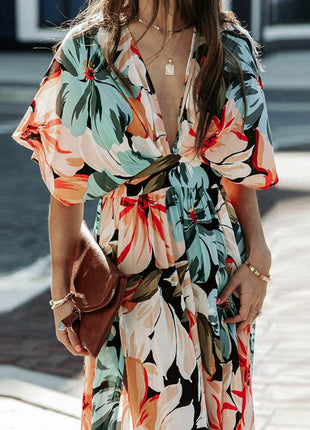 Floral Plunge Half Sleeve Dress - MimiStylez