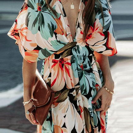 Floral Plunge Half Sleeve Dress - MimiStylez