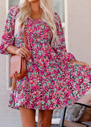 Floral Smocked V-Neck Flounce Sleeve Dress - MimiStylez