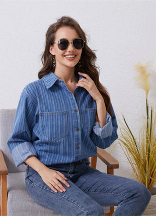 Pocketed Striped Button Up Denim Shirt - MimiStylez