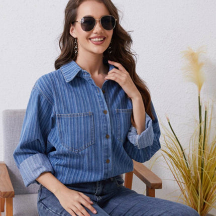 Pocketed Striped Button Up Denim Shirt - MimiStylez