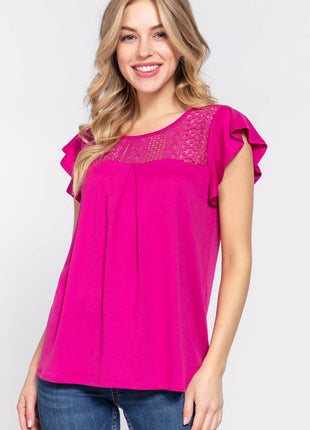ACTIVE BASIC Ruffle Short Sleeve Lace Detail Knit Top - MimiStylez