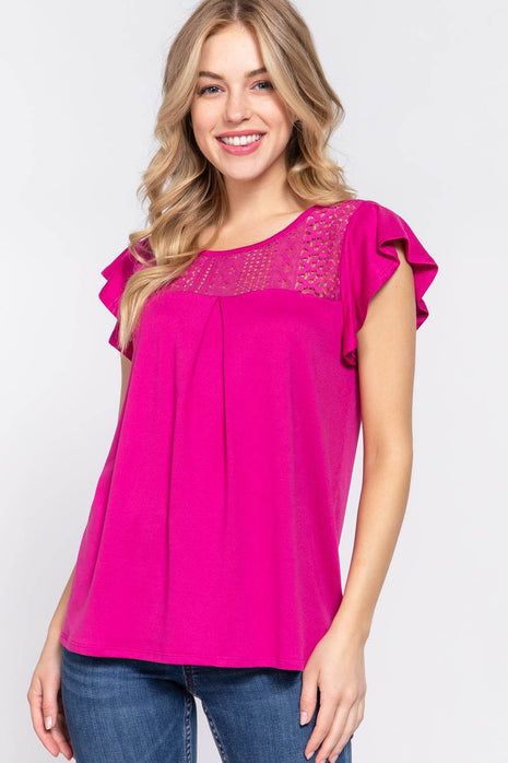 ACTIVE BASIC Ruffle Short Sleeve Lace Detail Knit Top - MimiStylez