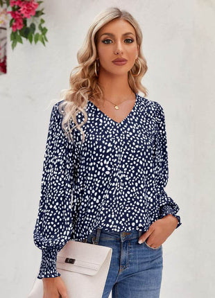 Printed V-Neck Lantern Sleeve Blouse - MimiStylez
