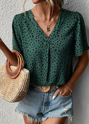 Animal Print V-Neck Flutter Sleeve Blouse - MimiStylez