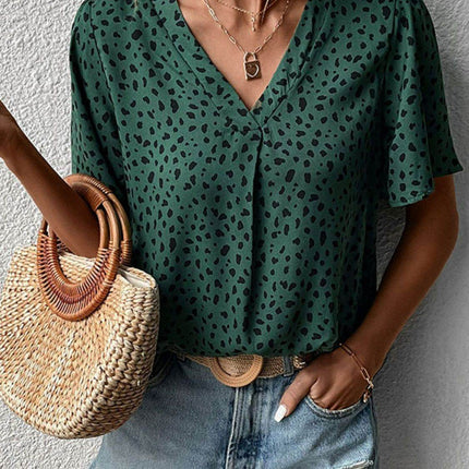 Animal Print V-Neck Flutter Sleeve Blouse - MimiStylez