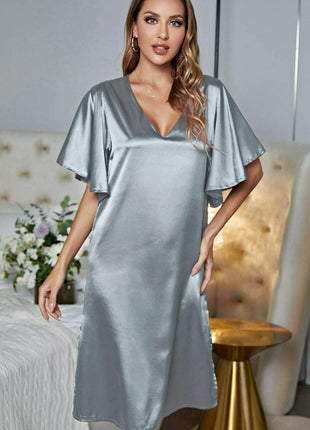 Satin Flutter Sleeve Side Slit V-Neck Night Dress - MimiStylez