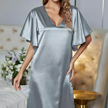 Satin Flutter Sleeve Side Slit V-Neck Night Dress - MimiStylez