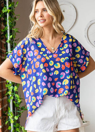 First Love Printed V-Neck Short Sleeve Blouse - MimiStylez