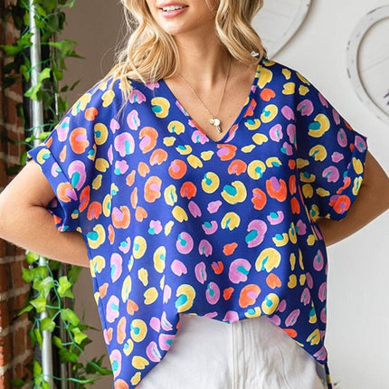 First Love Printed V-Neck Short Sleeve Blouse - MimiStylez