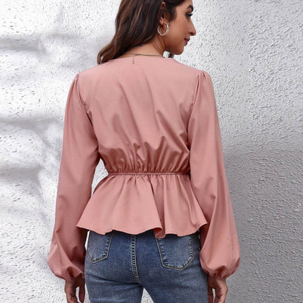 V-Neck Balloon Sleeve Peplum Blouse - MimiStylez