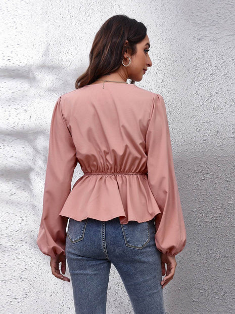 V-Neck Balloon Sleeve Peplum Blouse - MimiStylez