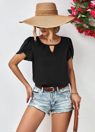 Cutout Round Neck Petal Sleeve Blouse - MimiStylez