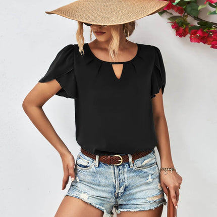 Cutout Round Neck Petal Sleeve Blouse - MimiStylez