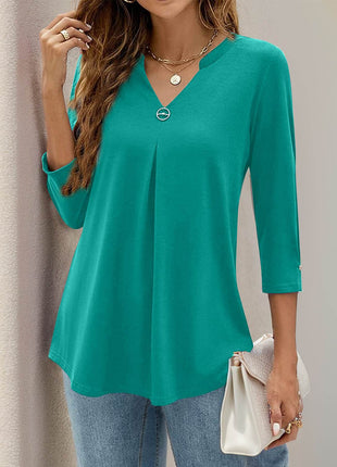 Notched Three-Quarter Sleeve T-Shirt - MimiStylez