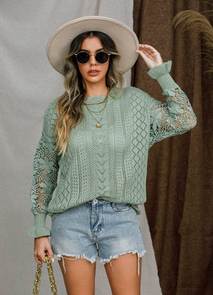 Eyelet Crochet Lantern Sleeve Sweater - MimiStylez