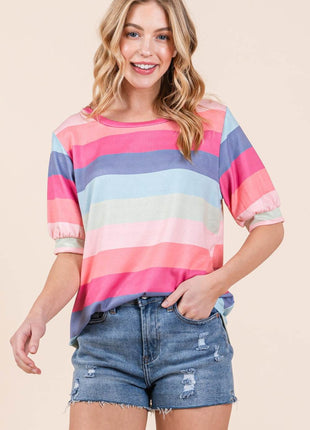 BOMBOM Striped Round Neck Half Sleeve T-Shirt - MimiStylez