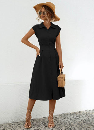 Button Up Cap Sleeve Midi Dress - MimiStylez