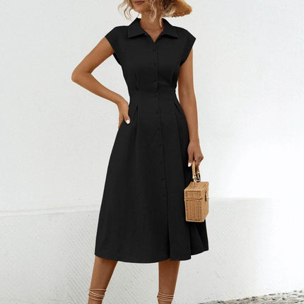 Button Up Cap Sleeve Midi Dress - MimiStylez