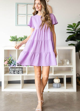 Heimish Full Size Swiss Dot Short Sleeve Tiered Dress - MimiStylez