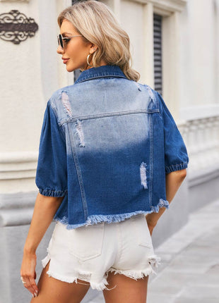 Distressed Raw Hem Button Up Denim Jacket - MimiStylez