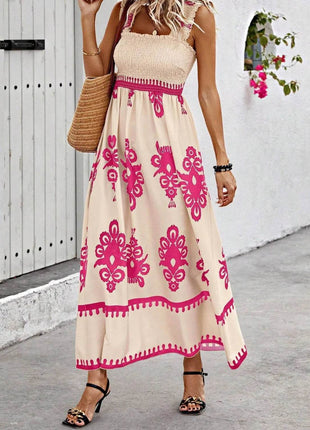 Smocked Printed Wide Strap Maxi Dress - MimiStylez