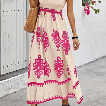 Smocked Printed Wide Strap Maxi Dress - MimiStylez