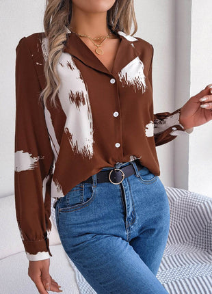 Printed Collared Neck Button Up Shirt - MimiStylez