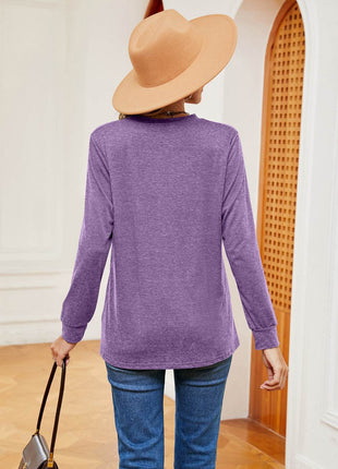 Buttoned Notched Neck Long Sleeve Top - MimiStylez