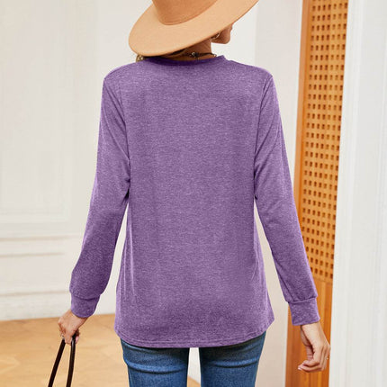 Buttoned Notched Neck Long Sleeve Top - MimiStylez