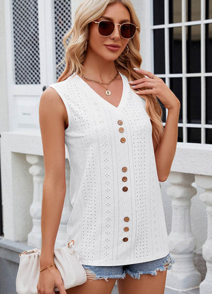 Decorative Button Eyelet V-Neck Tank - MimiStylez