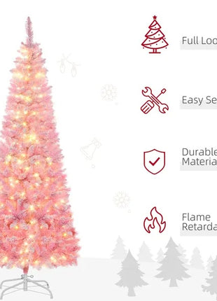 6FT Prelit Flocked Pencil Christmas Tree - Pine Realistic Branches, Warm White LED Lights, Auto Open, Pink And White