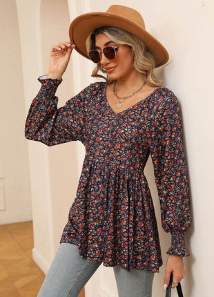 Printed V-Neck Lantern Sleeve Blouse - MimiStylez