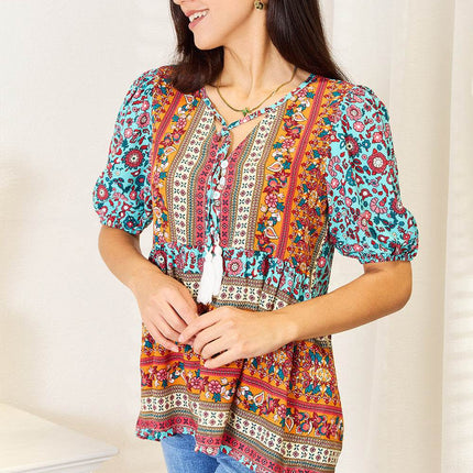 Bohemian Tassel Tie Puff Sleeve Babydoll Blouse - MimiStylez