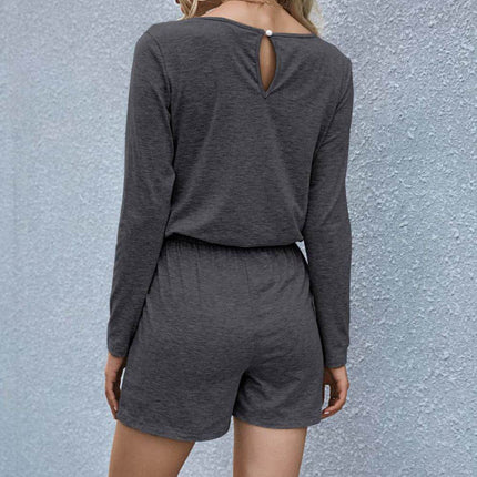 Drawstring Waist Long Sleeve Romper - MimiStylez