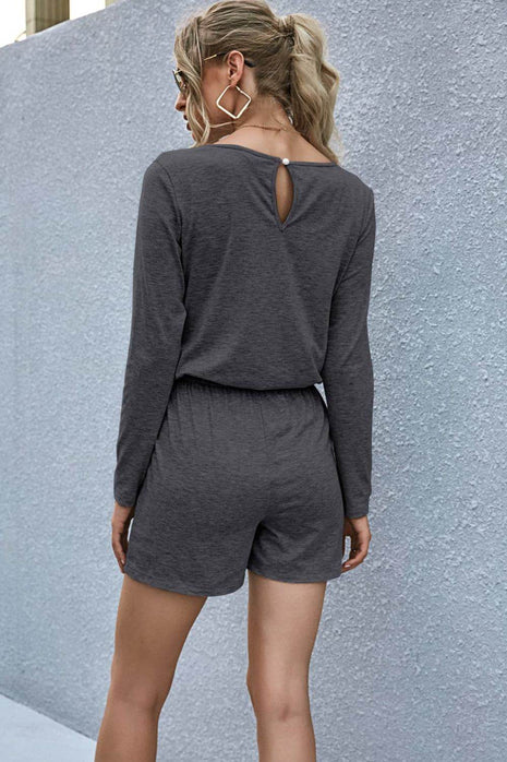 Drawstring Waist Long Sleeve Romper - MimiStylez