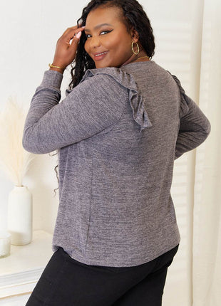 Double Take Square Neck Ruffle Shoulder Long Sleeve T-Shirt - MimiStylez
