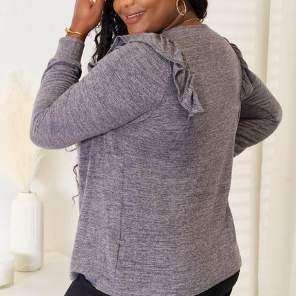 Double Take Square Neck Ruffle Shoulder Long Sleeve T-Shirt - MimiStylez