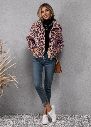 Drawstring Leopard Zip Up Jacket - MimiStylez