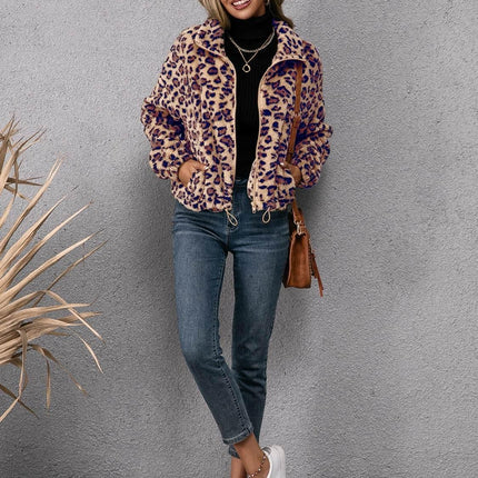 Drawstring Leopard Zip Up Jacket - MimiStylez