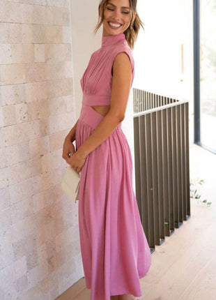 Cutout Mock Neck Sleeveless Ruched Dress - MimiStylez