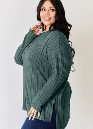 Basic Bae Full Size Ribbed Half Button Long Sleeve High-Low T-Shirt - MimiStylez