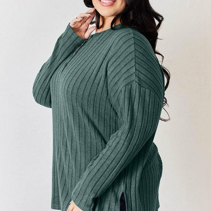Basic Bae Full Size Ribbed Half Button Long Sleeve High-Low T-Shirt - MimiStylez