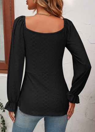 Tie Front V-Neck Puff Sleeve Blouse - MimiStylez